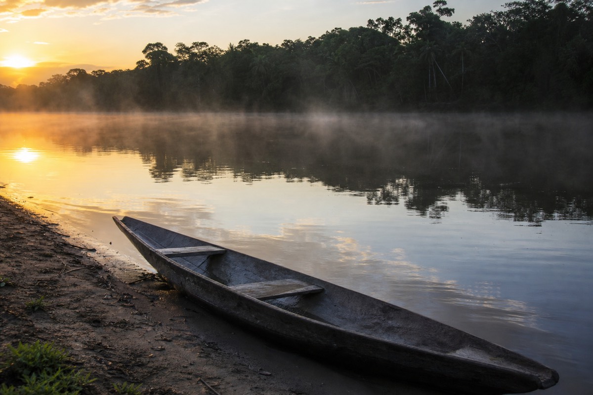A still blackwater lagoon at sunrise in the Peruvian Amazon near Iquitos