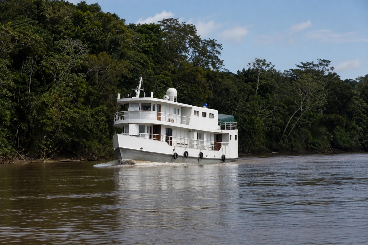 An Amazon river cruise vessel moored on a wide bend of the river at dawn near Iquitos, Peru