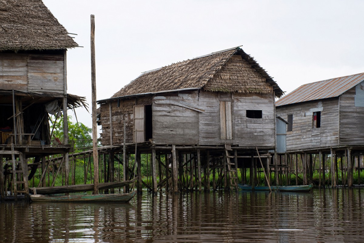 Stilt and raft houses of Belen floating houses Iquitos standing over the Itaya River