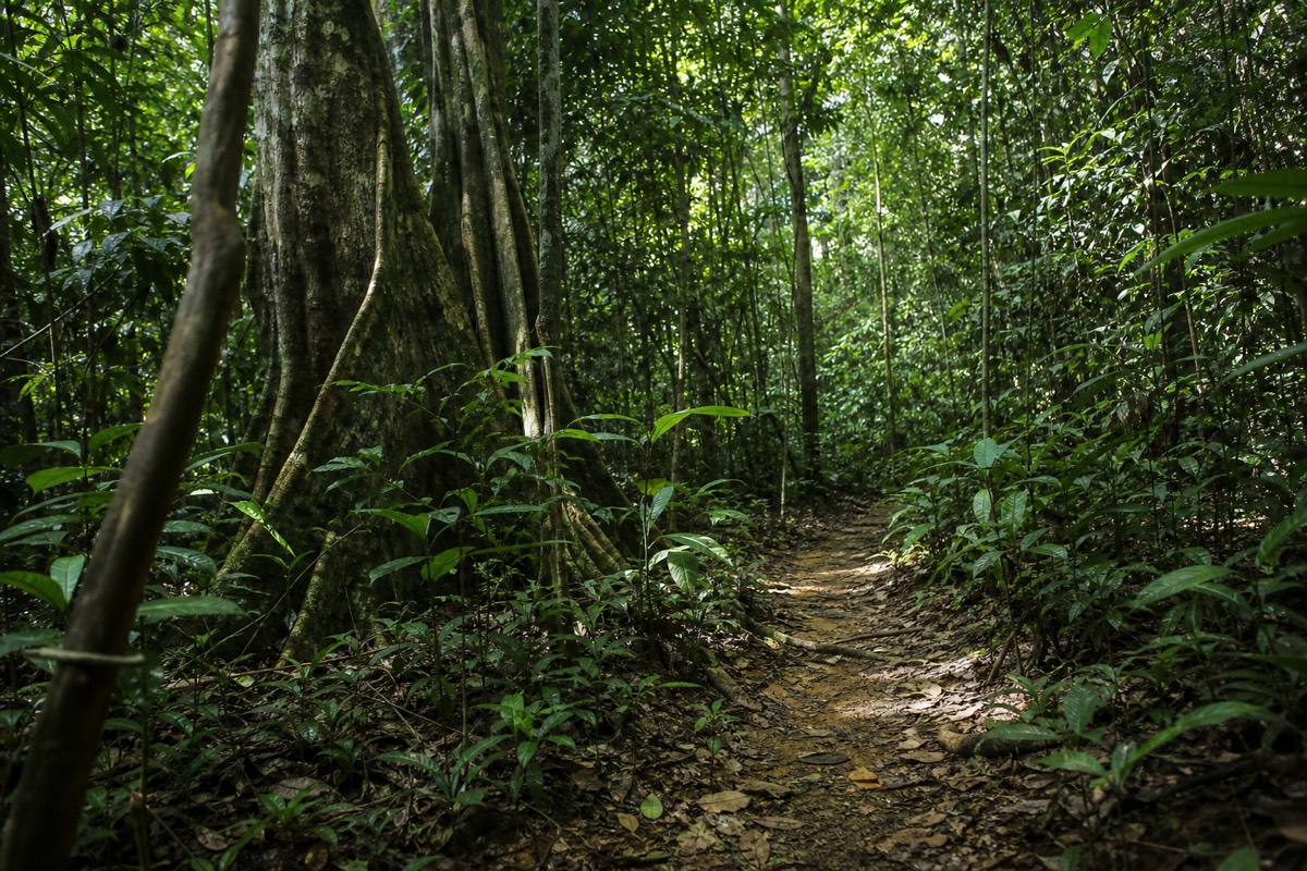 Hiking trail winding through Peruvian Amazon rainforest near Iquitos, typical terrain on Iquitos Amazon tours