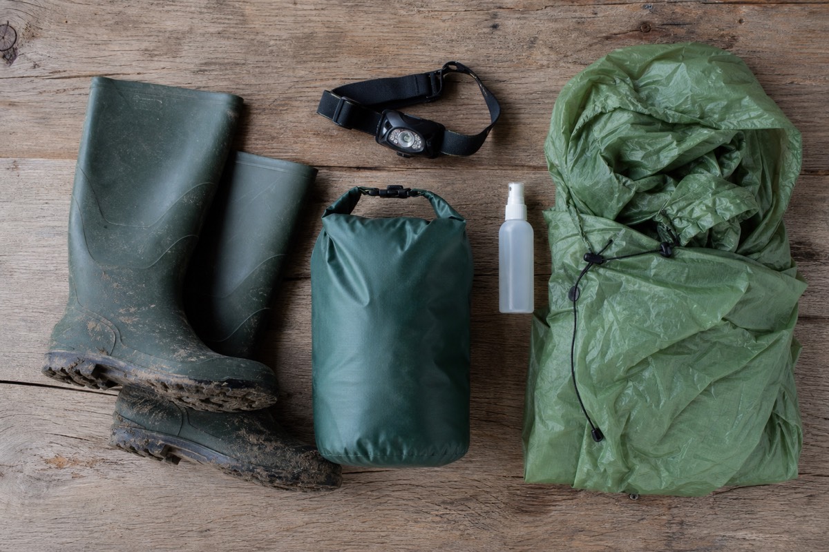 Iquitos Amazon tour packing list flat lay with long sleeves, boots, repellent and a dry bag