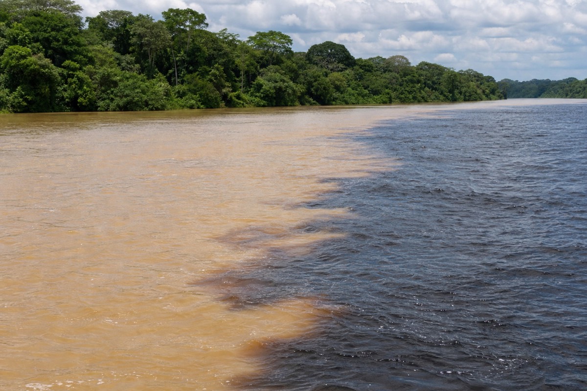Two Amazon rivers meeting, their differently coloured waters running side by side before mixing at Peru's Iquitos Amazon gateway