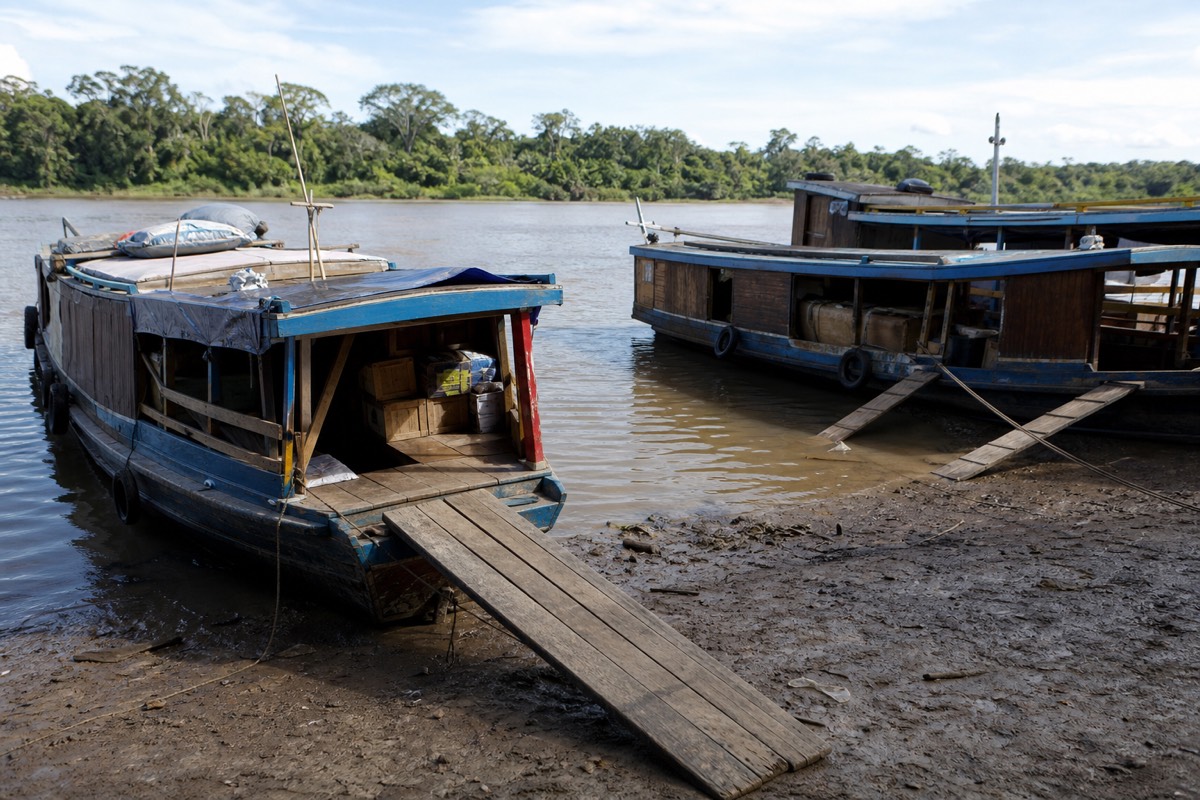 Boats moored at an Iquitos riverboat dock on the Peruvian Amazon near Iquitos